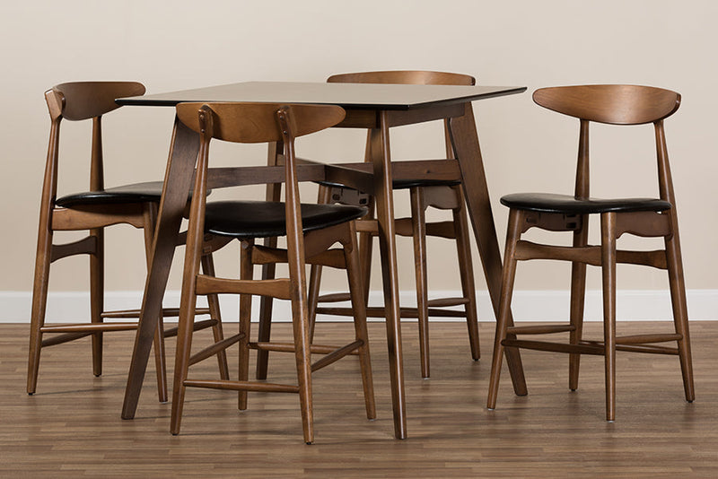 Elara Black Faux-Leather Upholstered Walnut Finished 5-Piece Pub Set Baxton