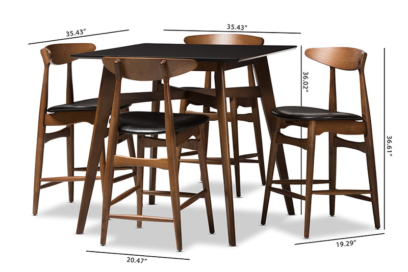 Elara Mid-Century Modern Black Faux-Leather Upholstered Walnut Finished 5-Piece Pub Set