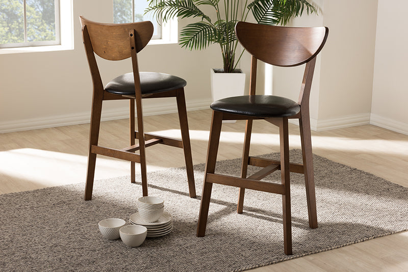 Paricia Mid-Century Modern Black Faux Leather Upholstered Walnut Finished Counter Stool (Set of 2)