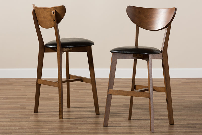 Paricia Mid-Century Modern Black Faux Leather Upholstered Walnut Finished Counter Stool (Set of 2)