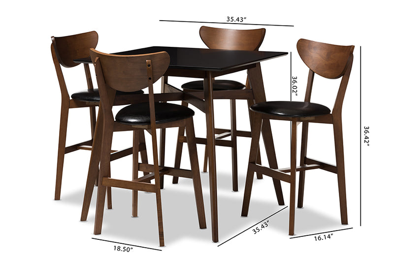 Paricia Mid-Century Modern Black Faux Leather Upholstered Walnut Finished 5-Piece Pub Set