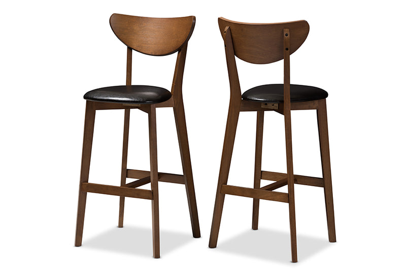 Paricia Mid-Century Modern Black Faux Leather Upholstered Walnut Finished Bar Stool (Set of 2)