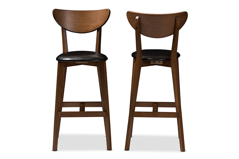 Paricia Mid-Century Modern Black Faux Leather Upholstered Walnut Finished Bar Stool (Set of 2)