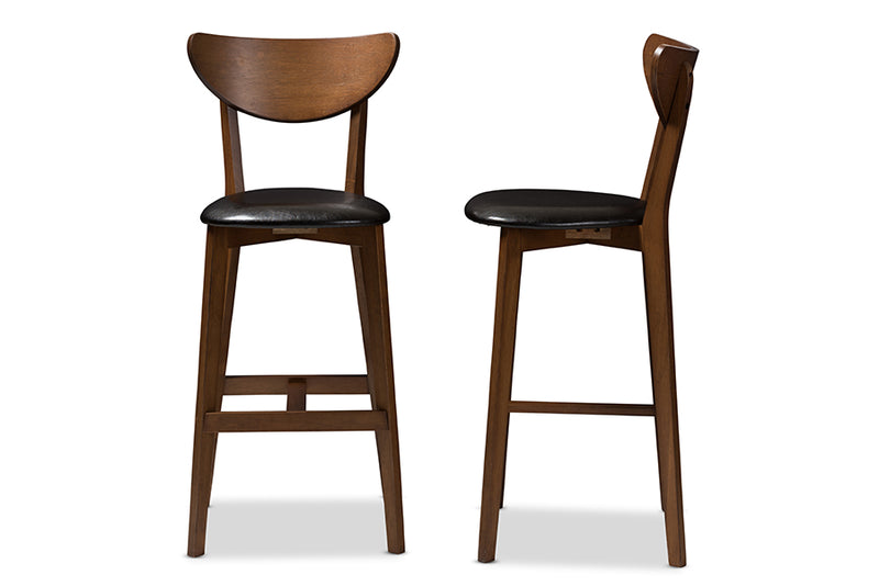 Paricia Mid-Century Modern Black Faux Leather Upholstered Walnut Finished Bar Stool (Set of 2)