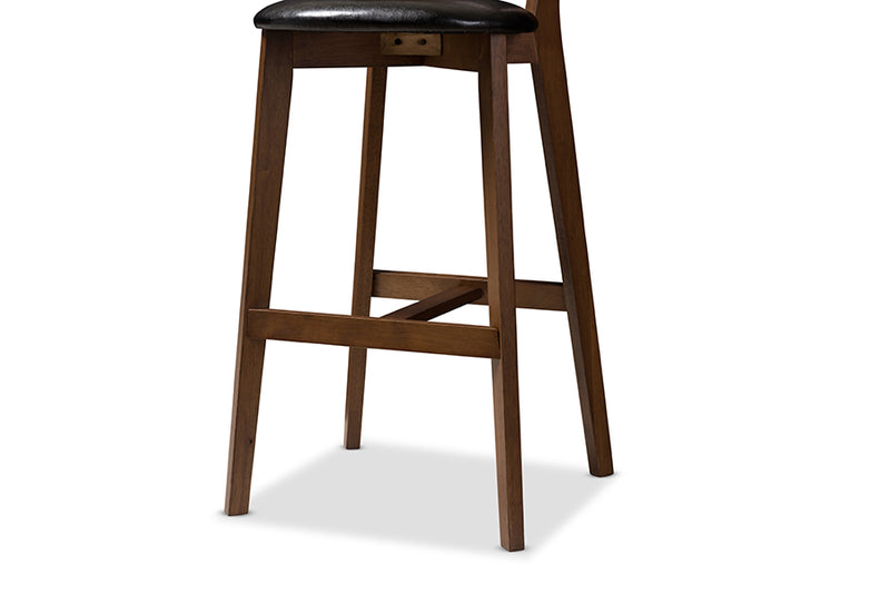 Paricia Mid-Century Modern Black Faux Leather Upholstered Walnut Finished Bar Stool (Set of 2)