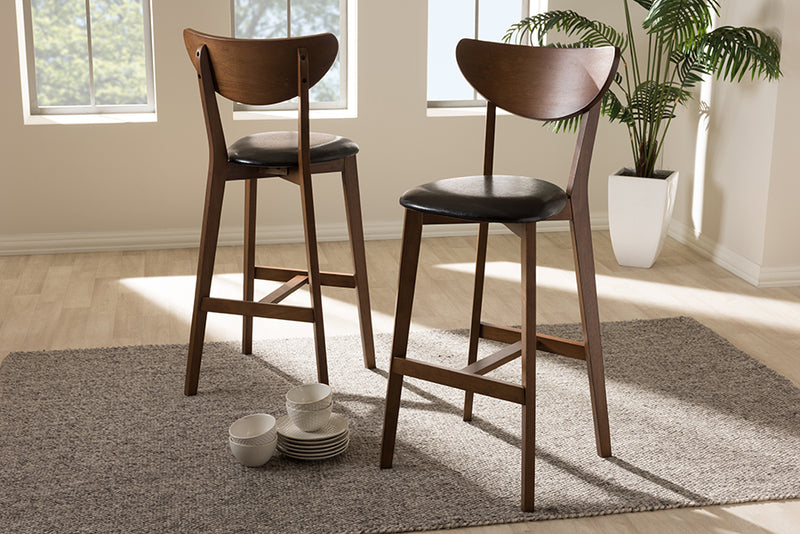 Paricia Mid-Century Modern Black Faux Leather Upholstered Walnut Finished Bar Stool (Set of 2)