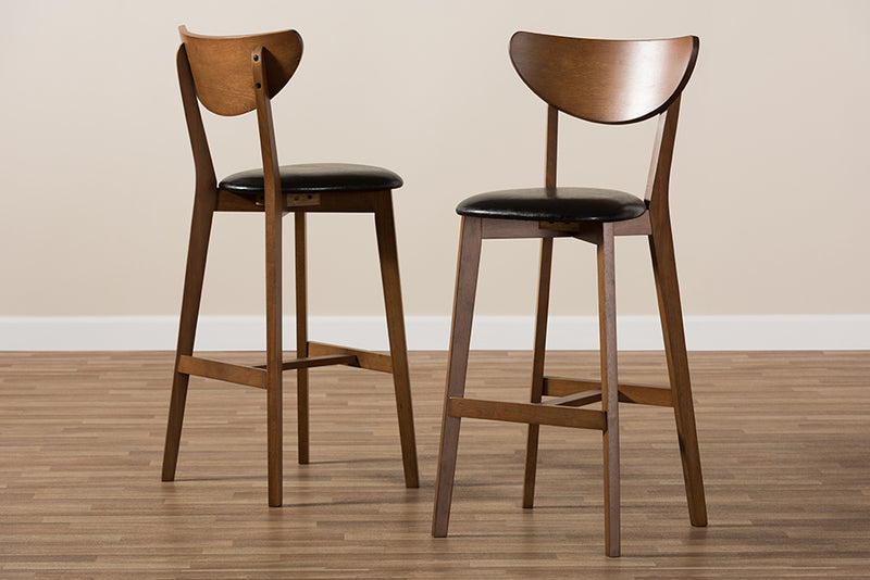 Paricia Mid-Century Modern Black Faux Leather Upholstered Walnut Finished Bar Stool (Set of 2)