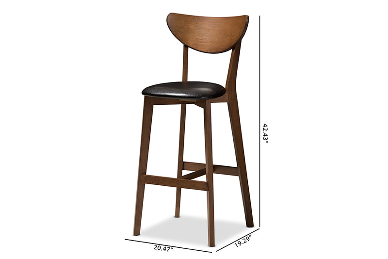 Paricia Mid-Century Modern Black Faux Leather Upholstered Walnut Finished Bar Stool (Set of 2)