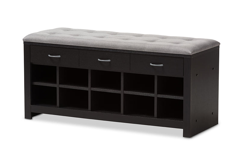 Donald and Contemporary Espresso Finished Gray Fabric Upholstered Cushioned Entryway Bench