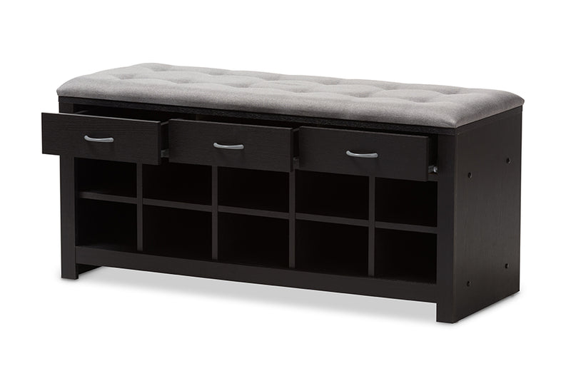 Donald and Contemporary Espresso Finished Gray Fabric Upholstered Cushioned Entryway Bench