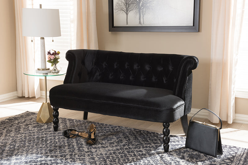 Patrice Victorian Style Contemporary Black Velvet Fabric Upholstered 2-seater Loveseat