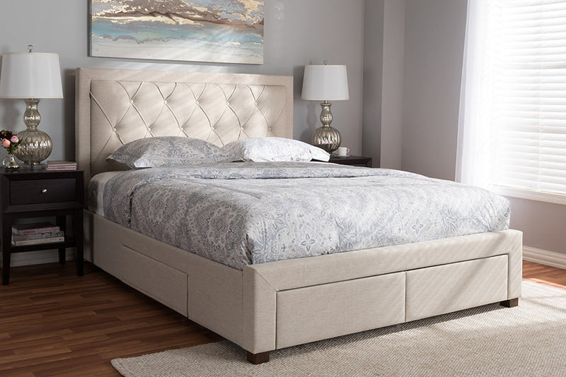 Simms Light Beige Fabric Upholstered King Size Storage Bed Baxton