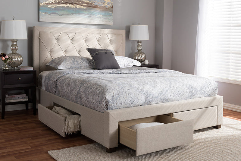 Simms Light Beige Fabric Upholstered King Size Storage Bed Baxton