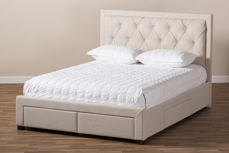 Simms Light Beige Fabric Upholstered King Size Storage Bed Baxton