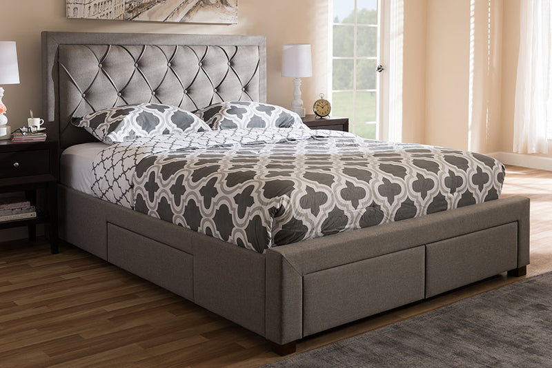 Simms Light Gray Fabric Upholstered King Size Storage Bed Baxton