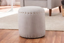 Augusta Light Gray Fabric Upholstered Nail Trim Ottoman Baxton