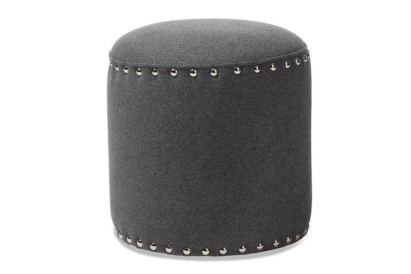 Augusta Dark Gray Fabric Upholstered Nail Trim Ottoman Baxton