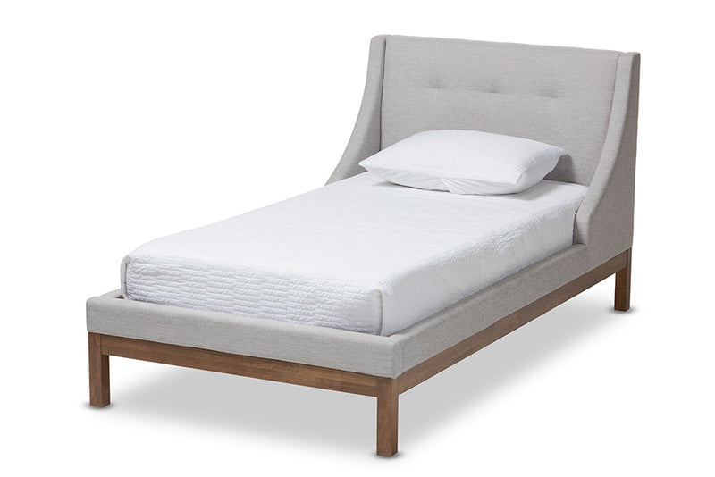 Laraine Greyish Beige Fabric Upholstered Walnut-Finished Twin Sized Platform Bed Baxton