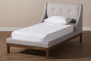 Laraine Greyish Beige Fabric Upholstered Walnut-Finished Twin Sized Platform Bed Baxton
