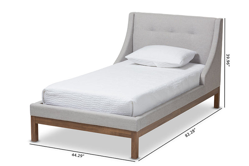 Laraine Greyish Beige Fabric Upholstered Walnut-Finished Twin Sized Platform Bed Baxton