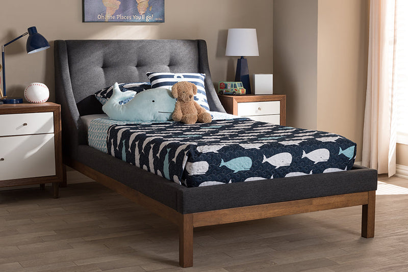 Laraine Dark Gray Fabric Upholstered Walnut-Finished Twin Sized Platform Bed Baxton