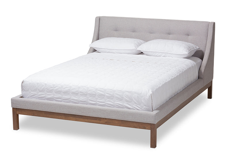 Laraine Modern and Contemporary Greyish Beige Fabric Upholstered Walnut-Finished Queen Sized Platform Bed