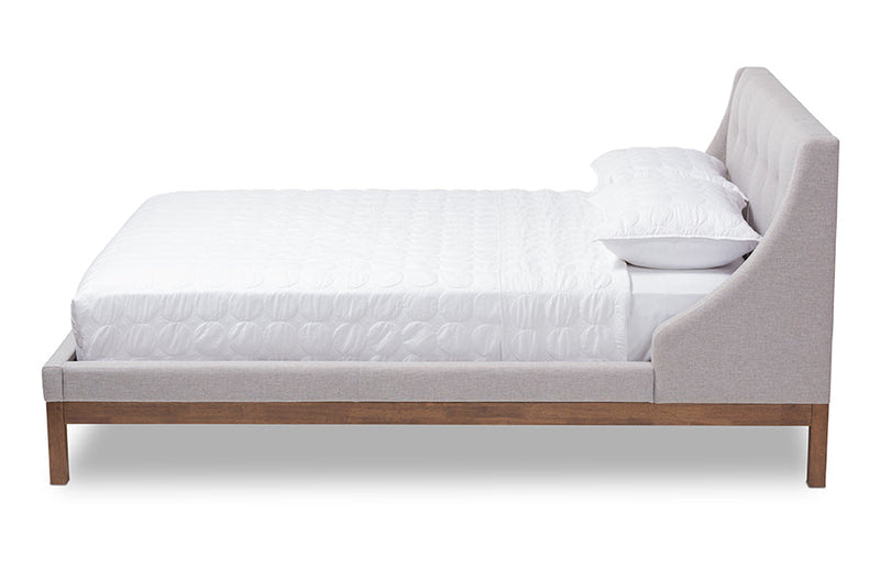 Laraine Greyish Beige Fabric Walnut-Finished Queen Sized Platform Bed Baxton