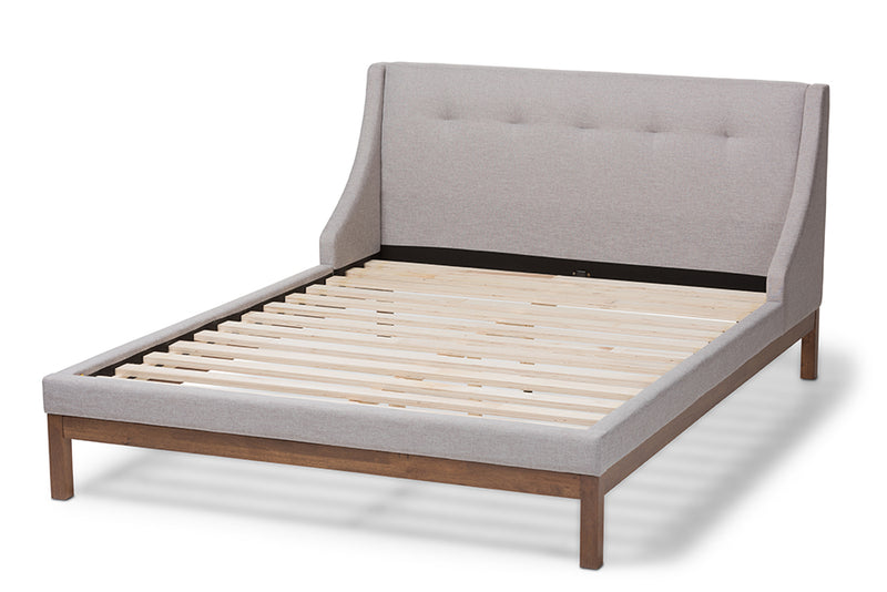 Laraine Modern and Contemporary Greyish Beige Fabric Upholstered Walnut-Finished Queen Sized Platform Bed