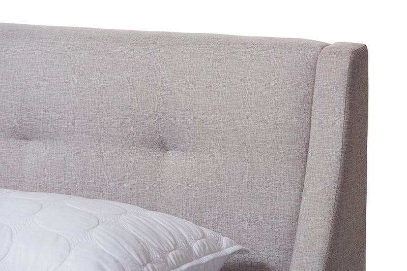 Laraine Greyish Beige Fabric Walnut-Finished Queen Sized Platform Bed Baxton