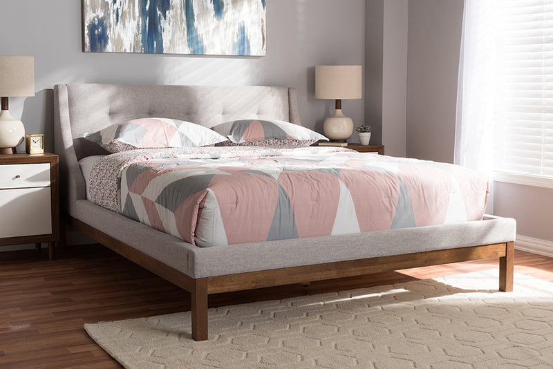 Laraine Modern and Contemporary Greyish Beige Fabric Upholstered Walnut-Finished Queen Sized Platform Bed