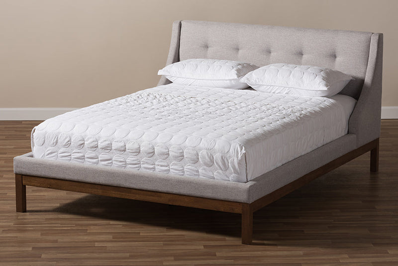 Laraine Greyish Beige Fabric Walnut-Finished Queen Sized Platform Bed Baxton