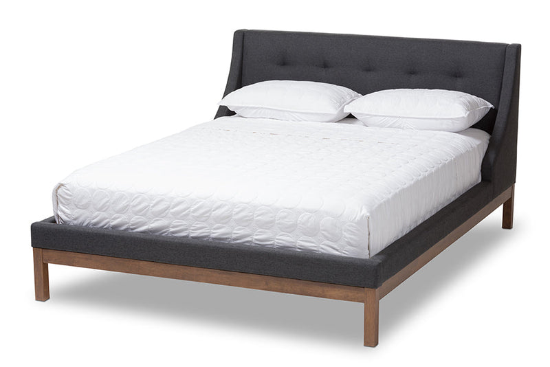 Laraine Dark Gray Fabric Upholstered Walnut-Finished Queen Sized Platform Bed Baxton