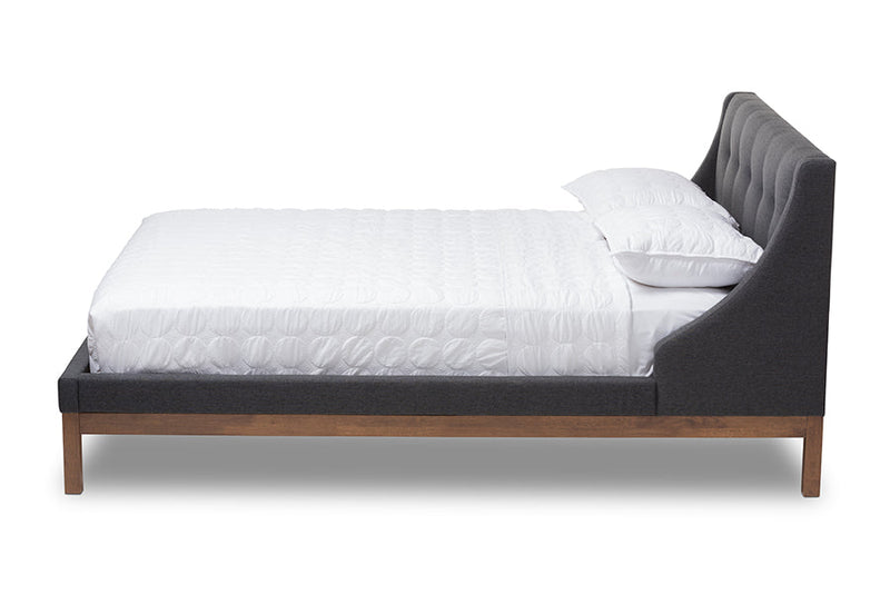 Laraine Dark Gray Fabric Upholstered Walnut-Finished Queen Sized Platform Bed Baxton