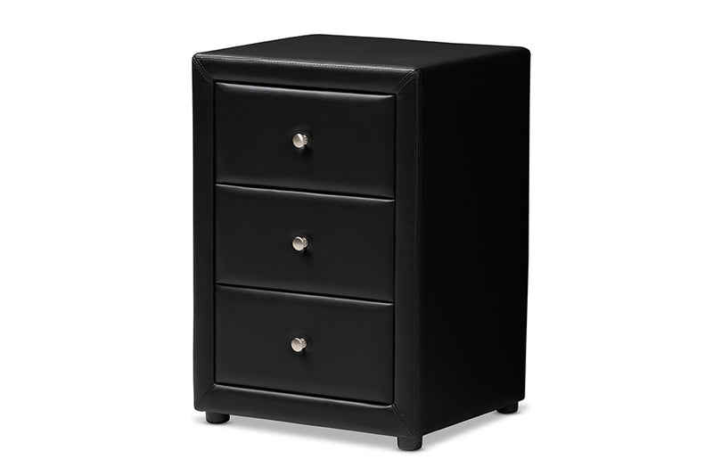 Amsterdam Modern and Contemporary Black Faux Leather Upholstered 3-Drawer Nightstand