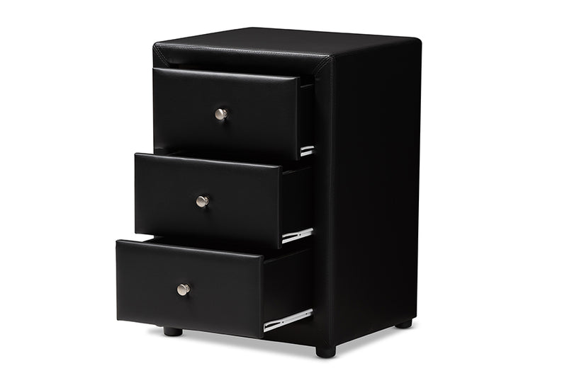 Amsterdam Modern and Contemporary Black Faux Leather Upholstered 3-Drawer Nightstand