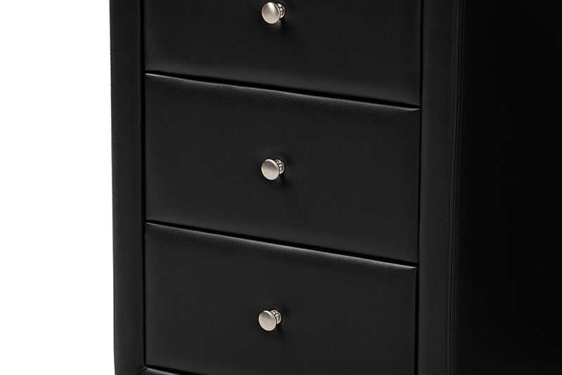 Amsterdam Modern and Contemporary Black Faux Leather Upholstered 3-Drawer Nightstand