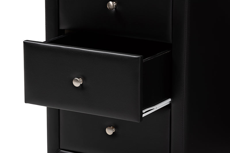 Amsterdam Modern and Contemporary Black Faux Leather Upholstered 3-Drawer Nightstand