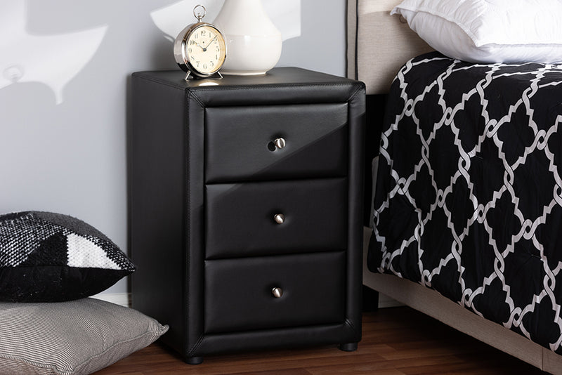 Amsterdam Modern and Contemporary Black Faux Leather Upholstered 3-Drawer Nightstand