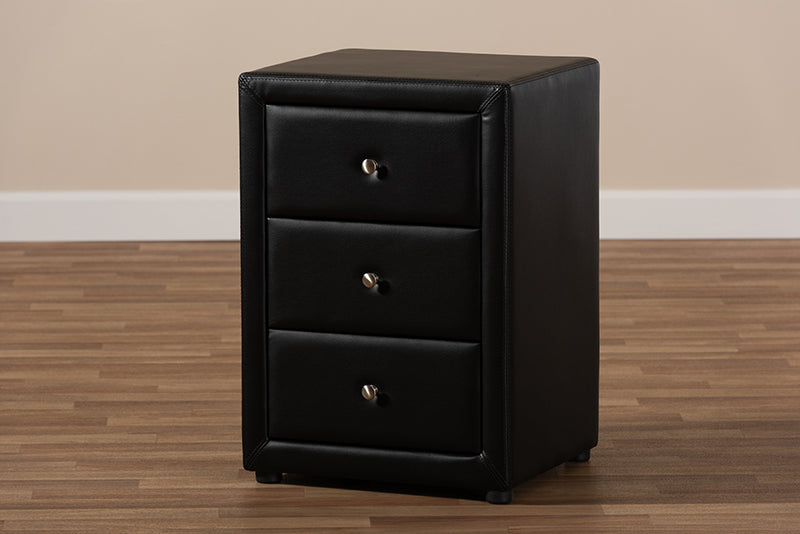 Amsterdam Modern and Contemporary Black Faux Leather Upholstered 3-Drawer Nightstand