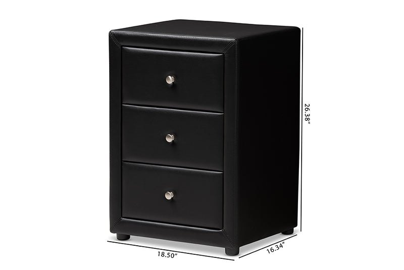 Amsterdam Modern and Contemporary Black Faux Leather Upholstered 3-Drawer Nightstand