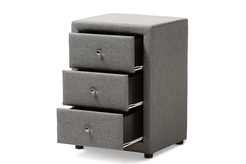 Amsterdam Modern and Contemporary Gray Fabric Upholstered 3-Drawer Nightstand