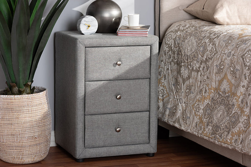 Amsterdam Gray Fabric Upholstered 3-Drawer Nightstand Baxton