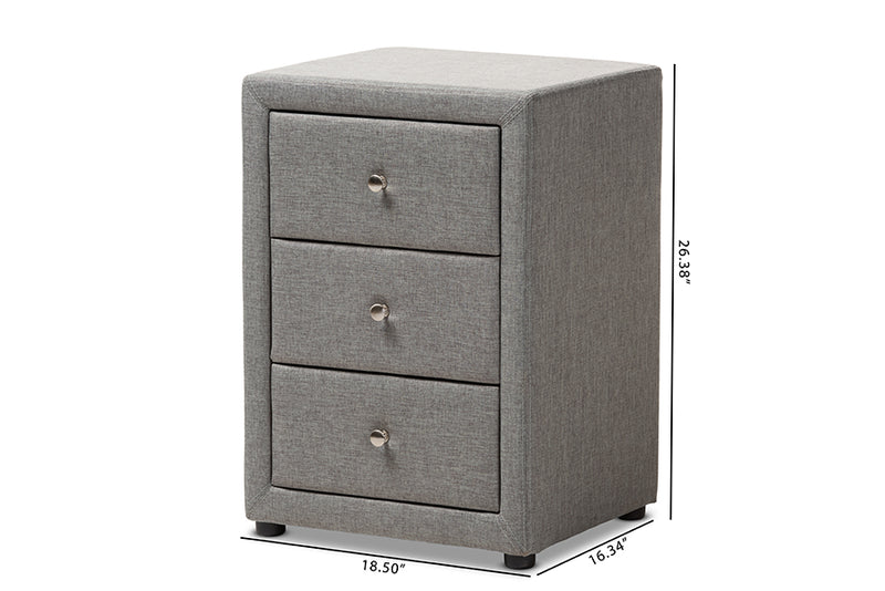 Amsterdam Modern and Contemporary Gray Fabric Upholstered 3-Drawer Nightstand