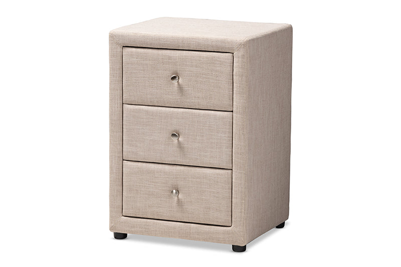 Amsterdam Modern and Contemporary Beige Fabric Upholstered 3-Drawer Nightstand