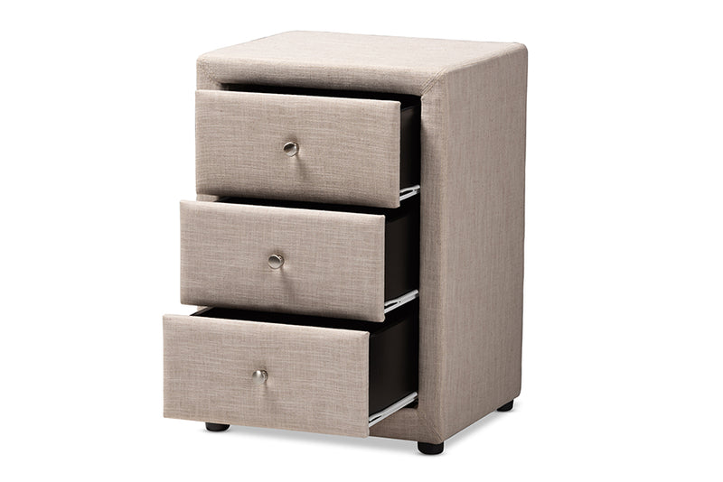 Amsterdam Modern and Contemporary Beige Fabric Upholstered 3-Drawer Nightstand