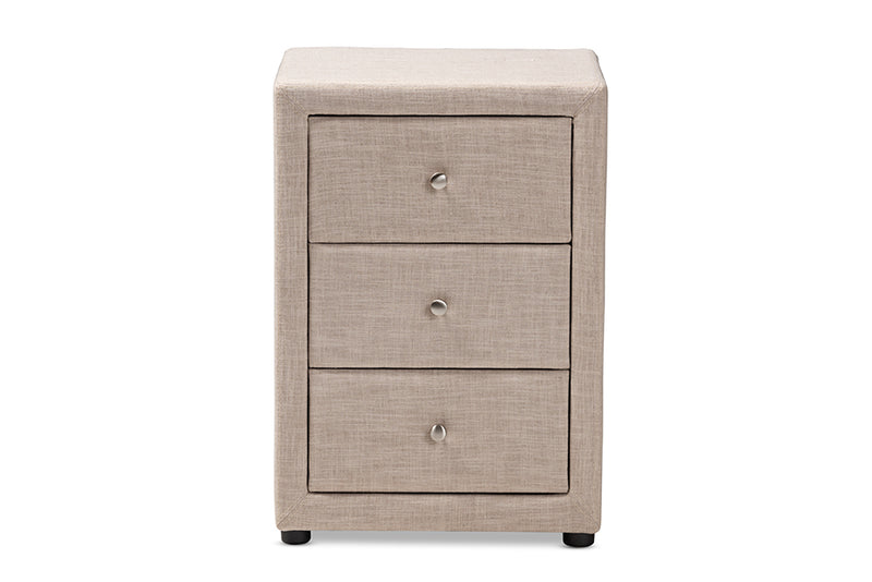 Amsterdam Modern and Contemporary Beige Fabric Upholstered 3-Drawer Nightstand