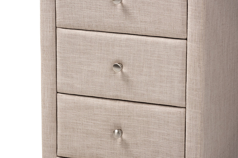 Amsterdam Modern and Contemporary Beige Fabric Upholstered 3-Drawer Nightstand