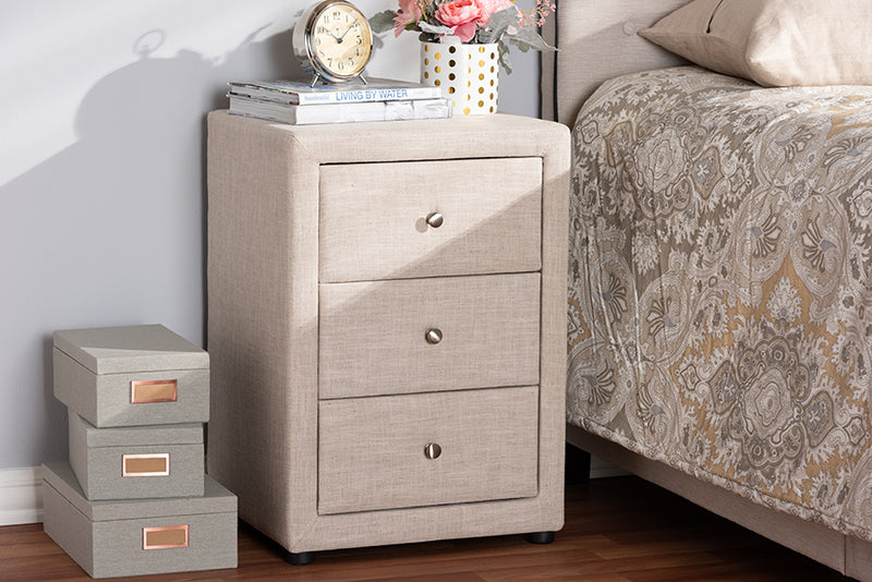 Amsterdam Modern and Contemporary Beige Fabric Upholstered 3-Drawer Nightstand