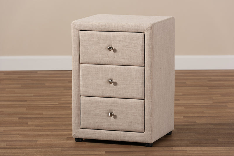 Amsterdam Modern and Contemporary Beige Fabric Upholstered 3-Drawer Nightstand