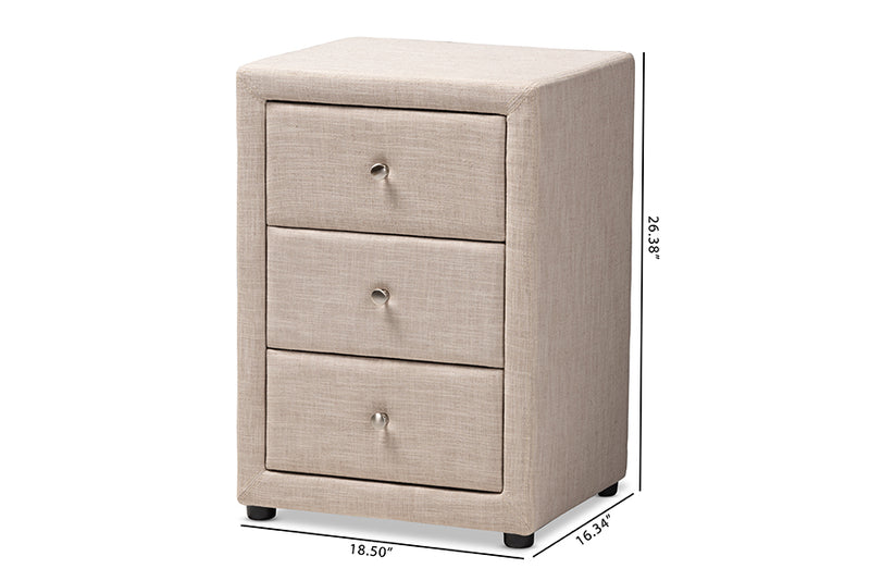 Amsterdam Modern and Contemporary Beige Fabric Upholstered 3-Drawer Nightstand